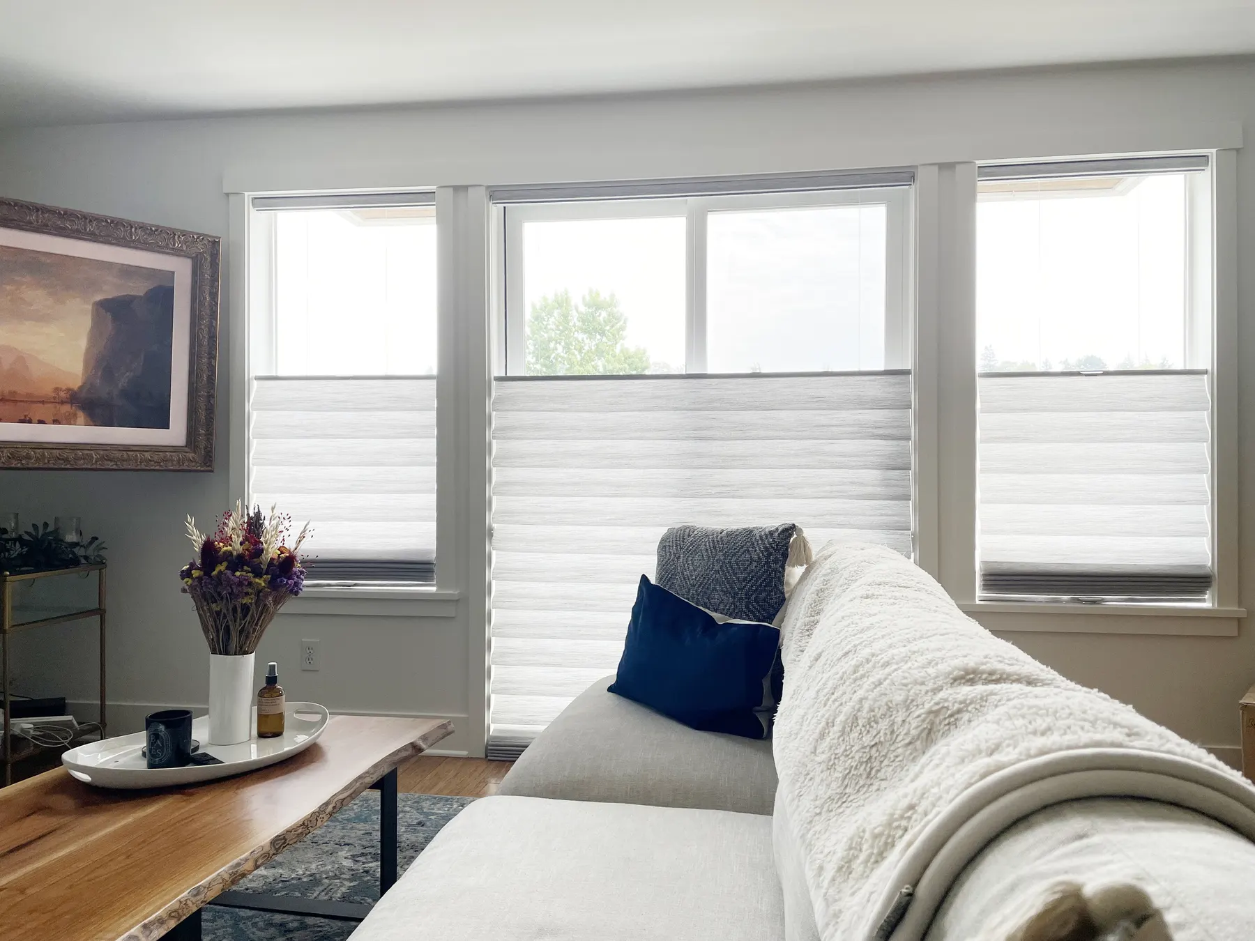 Roman Shades Top-Down for a Living Room Windows & Sliding Glass Door in Madison Park, Seattle