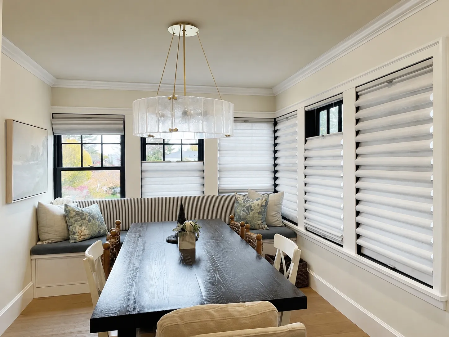 Custom Roman shades installed in a Seattle dining room
