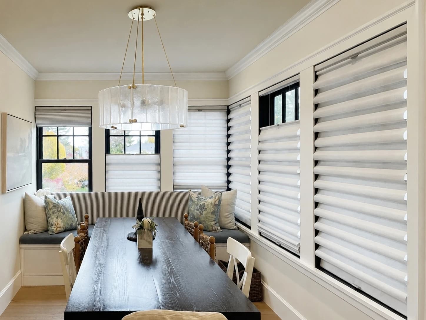 Custom Roman shades installed in a Seattle dining room